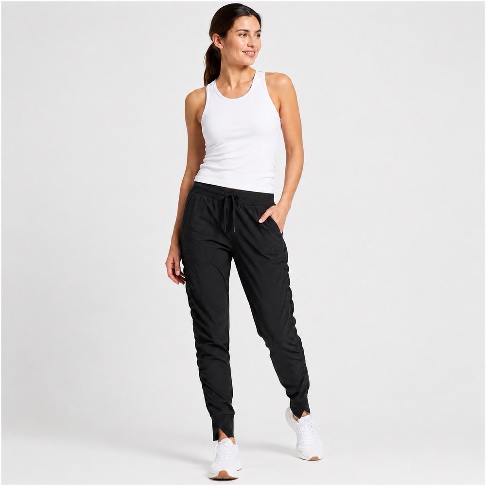 Athleta Attitude Pant Joggers Womens 2 Black Ruched Ankle Travel Stretch EUC